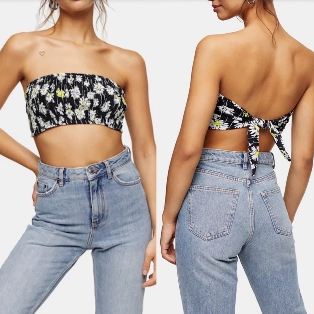 TopShop Shirred Floral Bandeau Top Tube Bra Shirt v6x